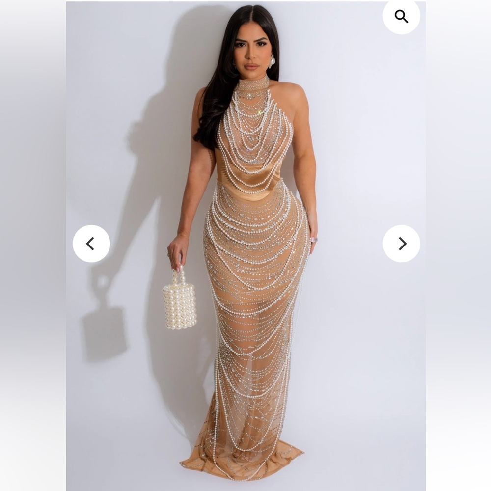 Pearl Rhinestone Maxi Nude Dress